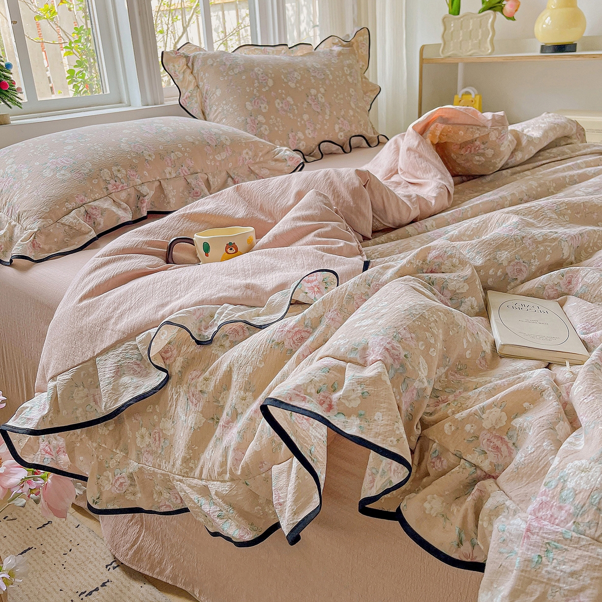 91家纺网 家纺一手货源 找家纺 暖芯优选 2025（优选）新款皱皱双层纱荷叶大花边夏被空调被夏凉被三件套 朝花夕拾