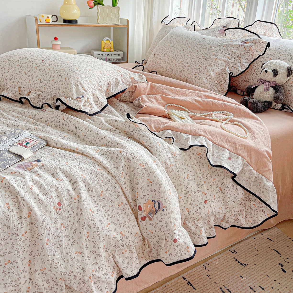 暖芯优选 2025（优选）新款皱皱双层纱荷叶大花边夏被空调被夏凉被三件套 春日初见