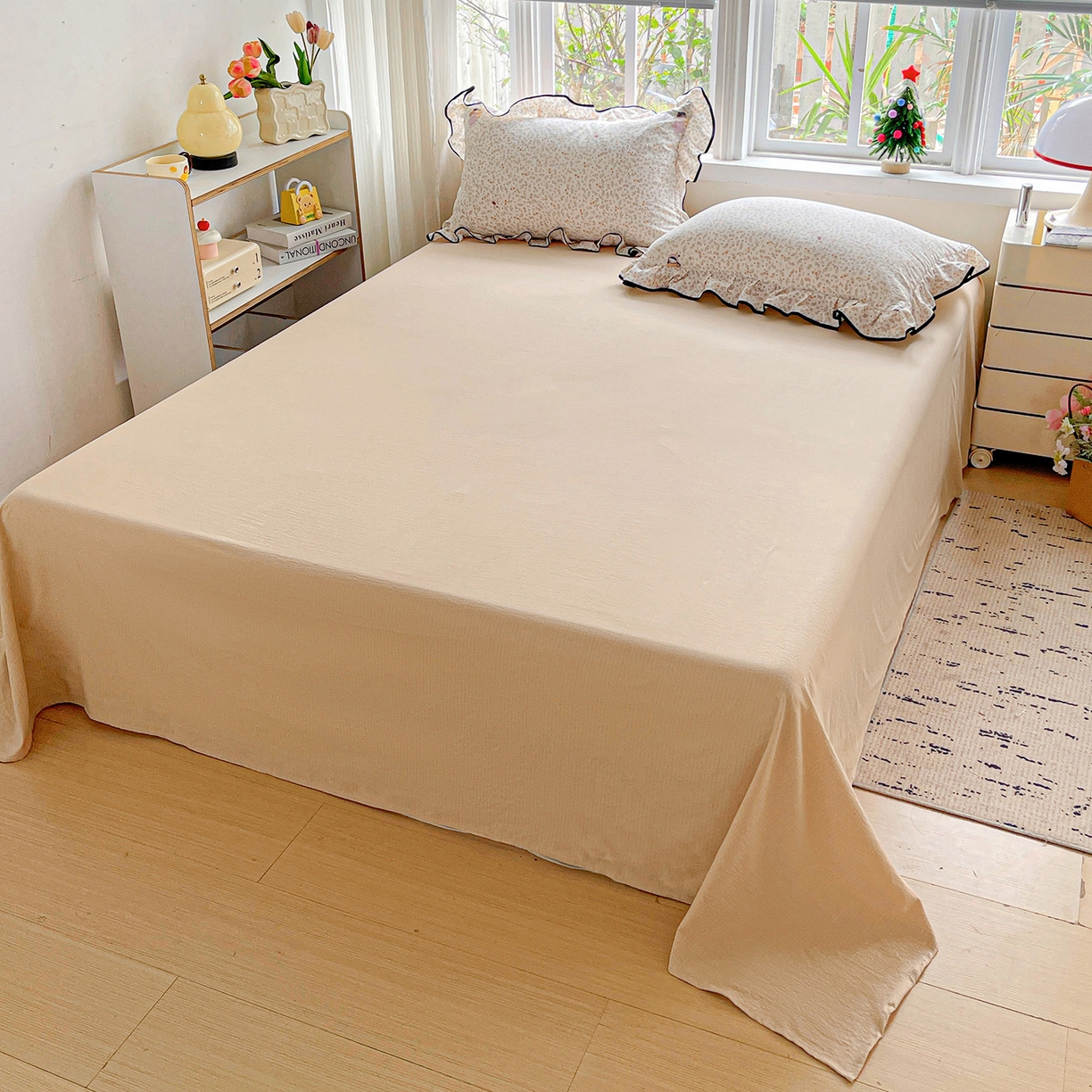 91家纺网 家纺一手货源 找家纺 暖芯优选 2025（优选）新款皱皱双层纱荷叶大花边夏被空调被夏凉被三件套 春日初见