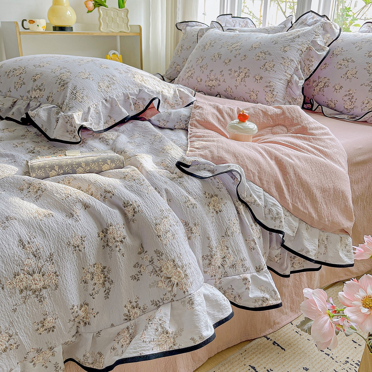 暖芯优选 2025（优选）新款皱皱双层纱荷叶大花边夏被空调被夏凉被三件套 繁花入梦