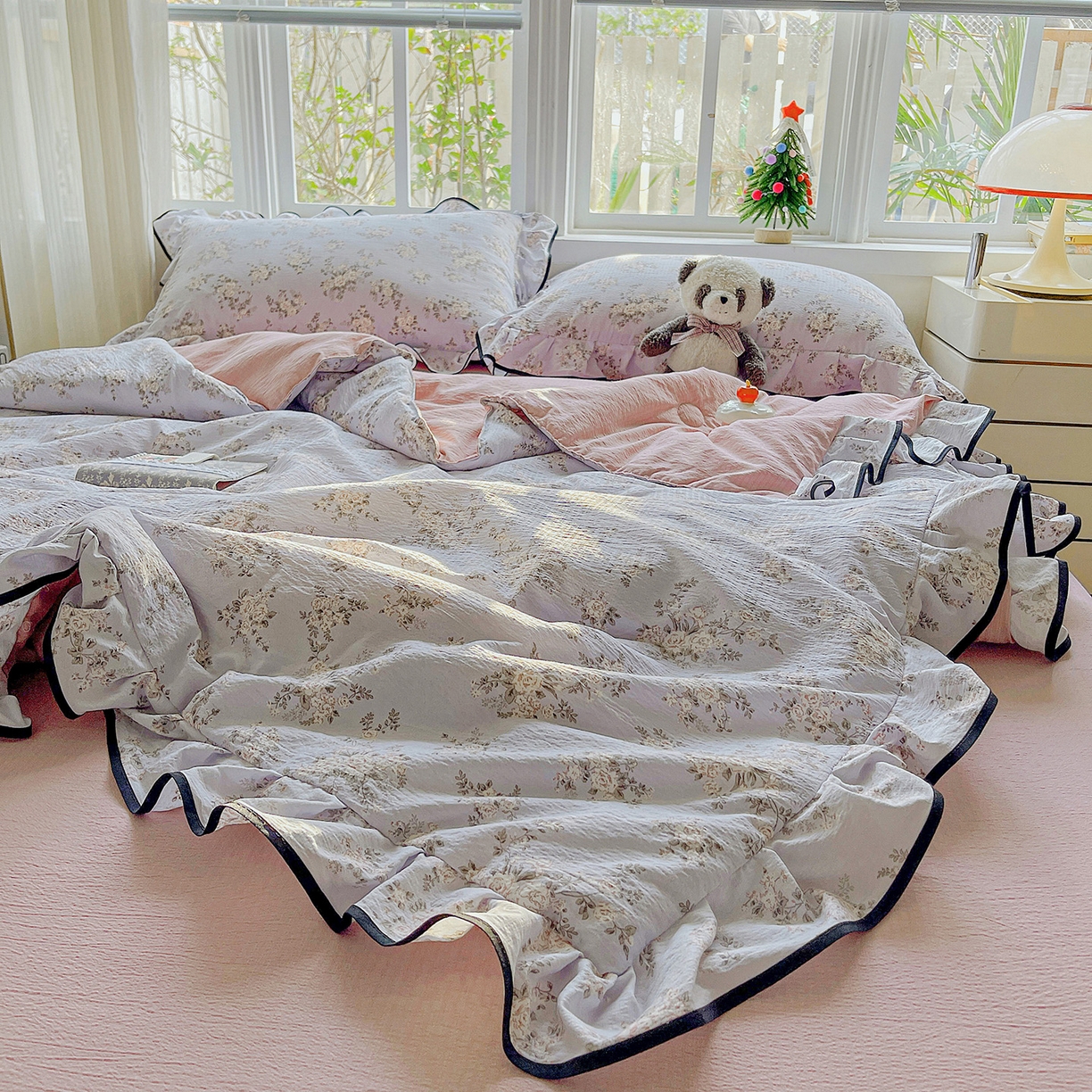 91家纺网 家纺一手货源 找家纺 暖芯优选 2025（优选）新款皱皱双层纱荷叶大花边夏被空调被夏凉被三件套 繁花入梦