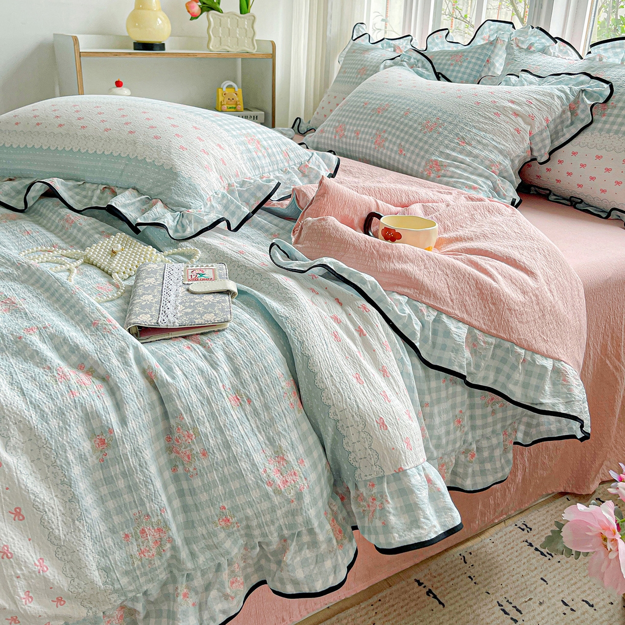 暖芯优选 2025（优选）新款皱皱双层纱荷叶大花边夏被空调被夏凉被三件套 浮生若梦