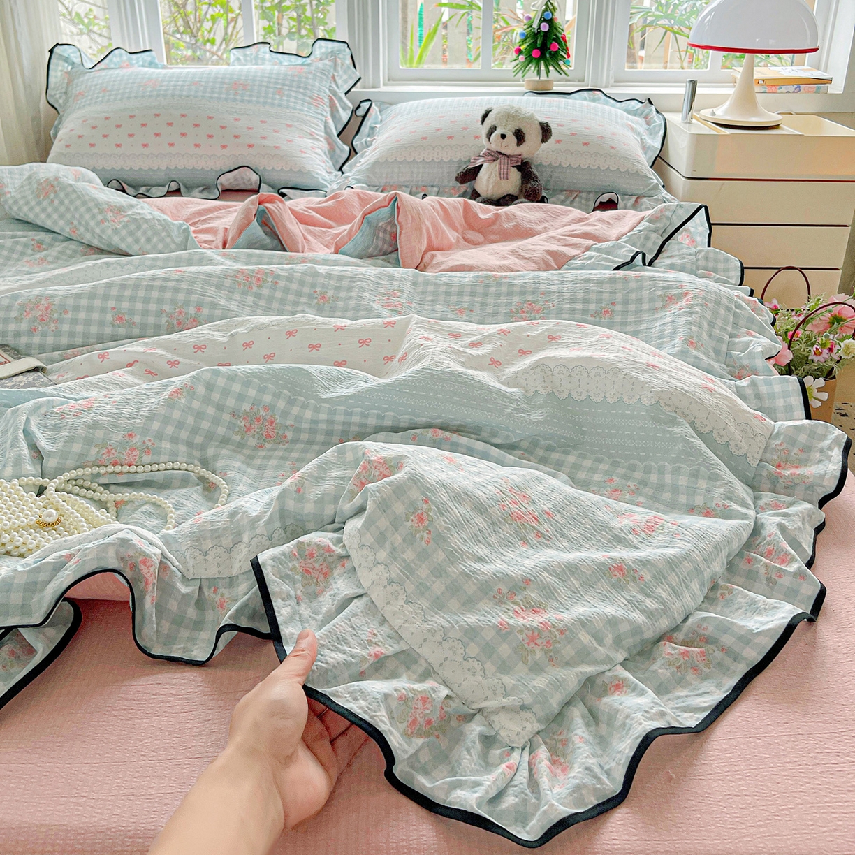 91家纺网 家纺一手货源 找家纺 暖芯优选 2025（优选）新款皱皱双层纱荷叶大花边夏被空调被夏凉被三件套 浮生若梦