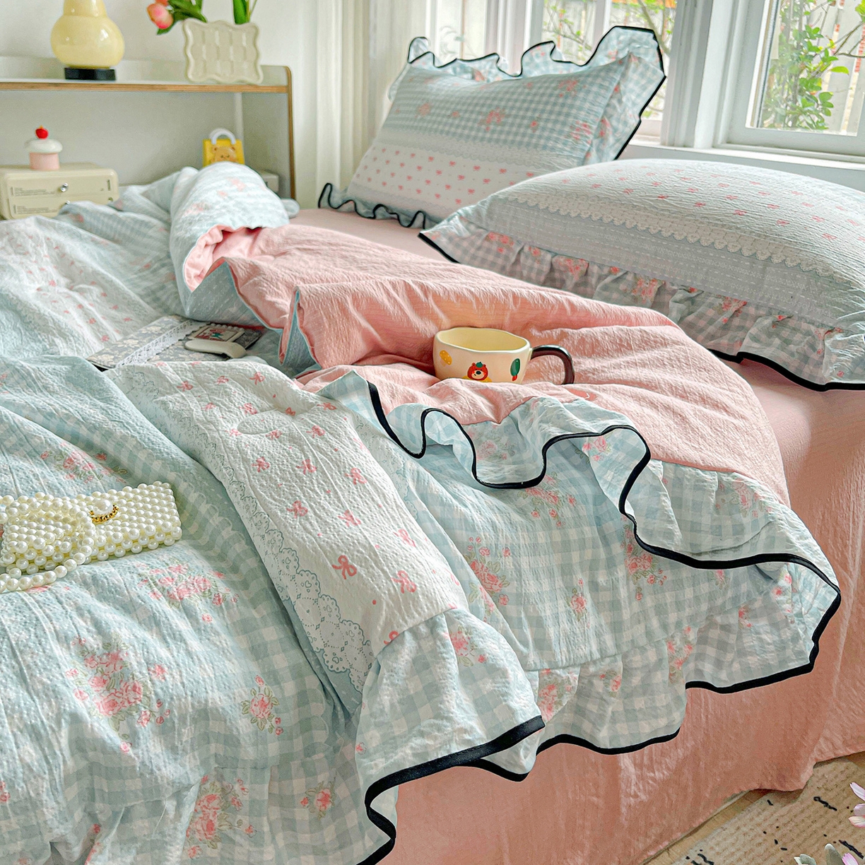 91家纺网 家纺一手货源 找家纺 暖芯优选 2025（优选）新款皱皱双层纱荷叶大花边夏被空调被夏凉被三件套 浮生若梦