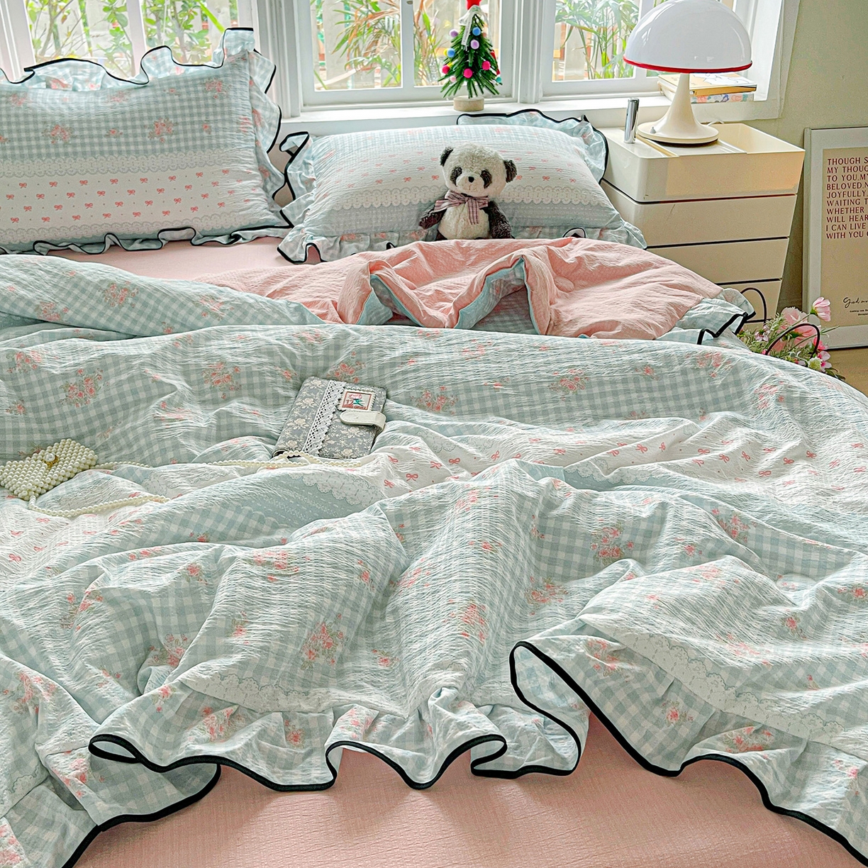 91家纺网 家纺一手货源 找家纺 暖芯优选 2025（优选）新款皱皱双层纱荷叶大花边夏被空调被夏凉被三件套 浮生若梦