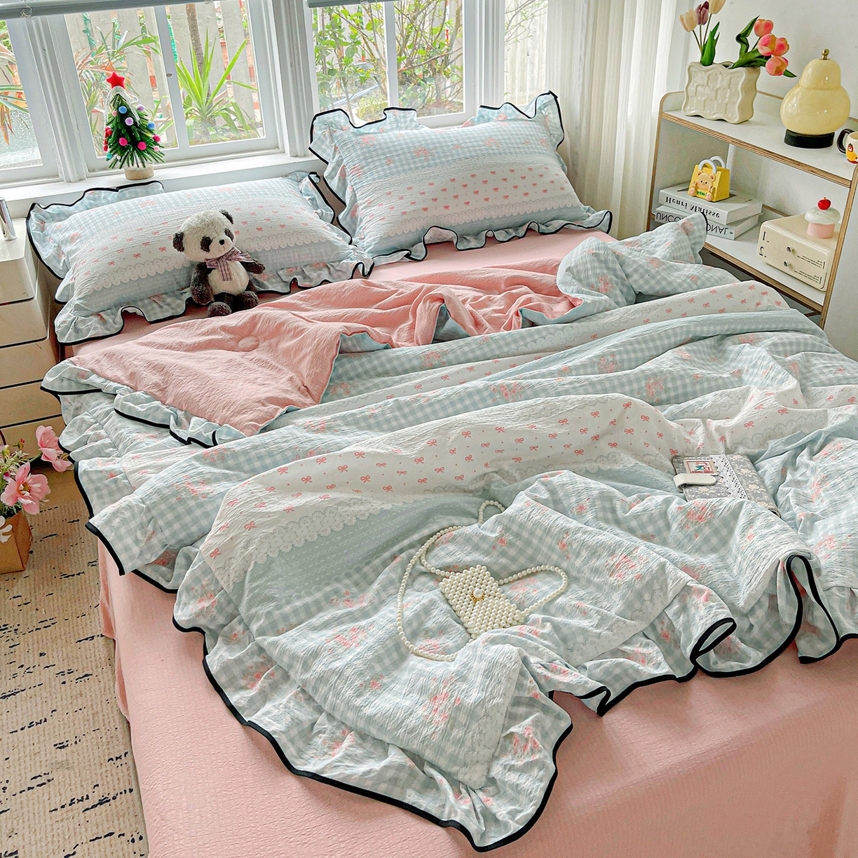 91家纺网 家纺一手货源 找家纺 暖芯优选 2025（优选）新款皱皱双层纱荷叶大花边夏被空调被夏凉被三件套 浮生若梦