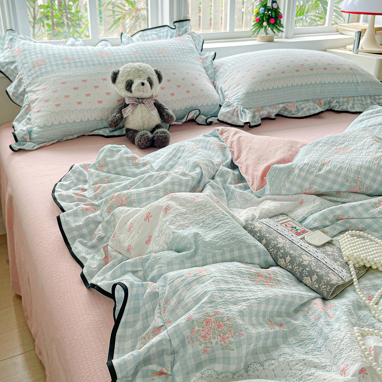 91家纺网 家纺一手货源 找家纺 暖芯优选 2025（优选）新款皱皱双层纱荷叶大花边夏被空调被夏凉被三件套 浮生若梦