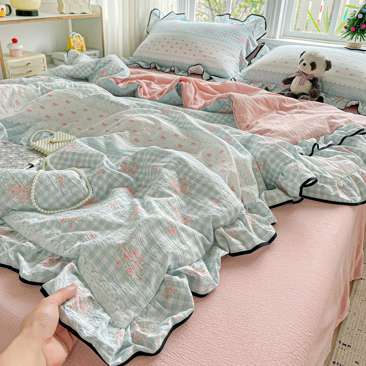 91家纺网 家纺一手货源 找家纺 暖芯优选 2025（优选）新款皱皱双层纱荷叶大花边夏被空调被夏凉被三件套 浮生若梦