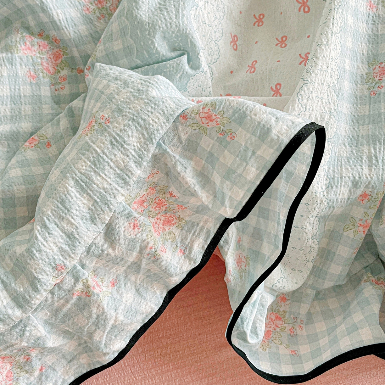 91家纺网 家纺一手货源 找家纺 暖芯优选 2025（优选）新款皱皱双层纱荷叶大花边夏被空调被夏凉被三件套 浮生若梦