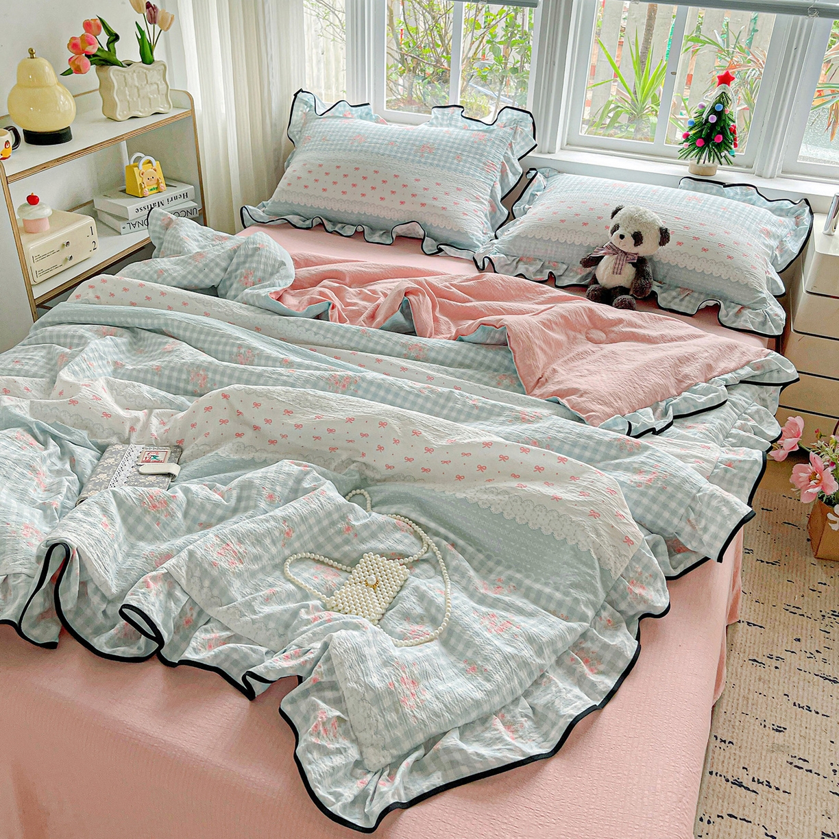 91家纺网 家纺一手货源 找家纺 暖芯优选 2025（优选）新款皱皱双层纱荷叶大花边夏被空调被夏凉被三件套 浮生若梦