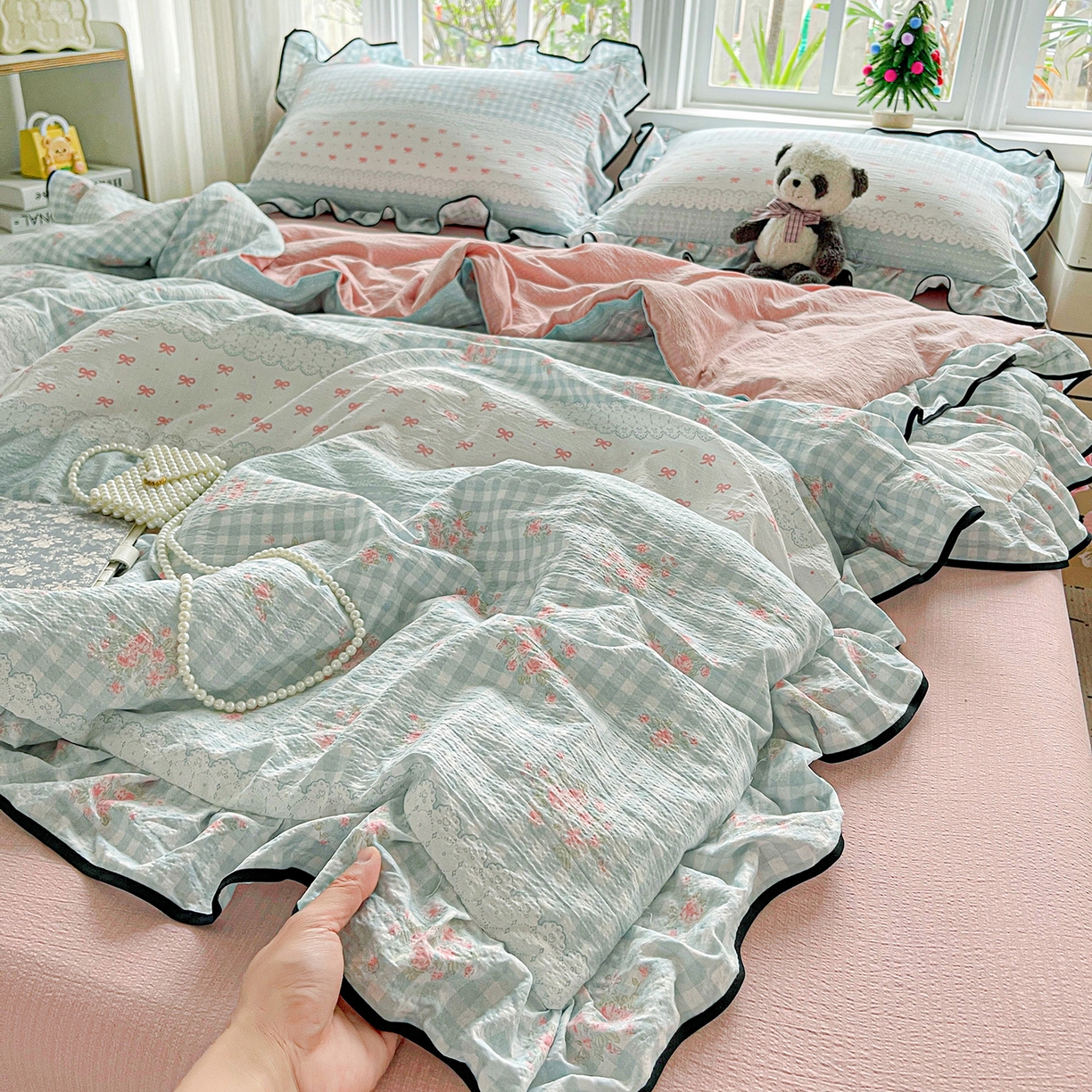 91家纺网 家纺一手货源 找家纺 暖芯优选 2025（优选）新款皱皱双层纱荷叶大花边夏被空调被夏凉被三件套 浮生若梦