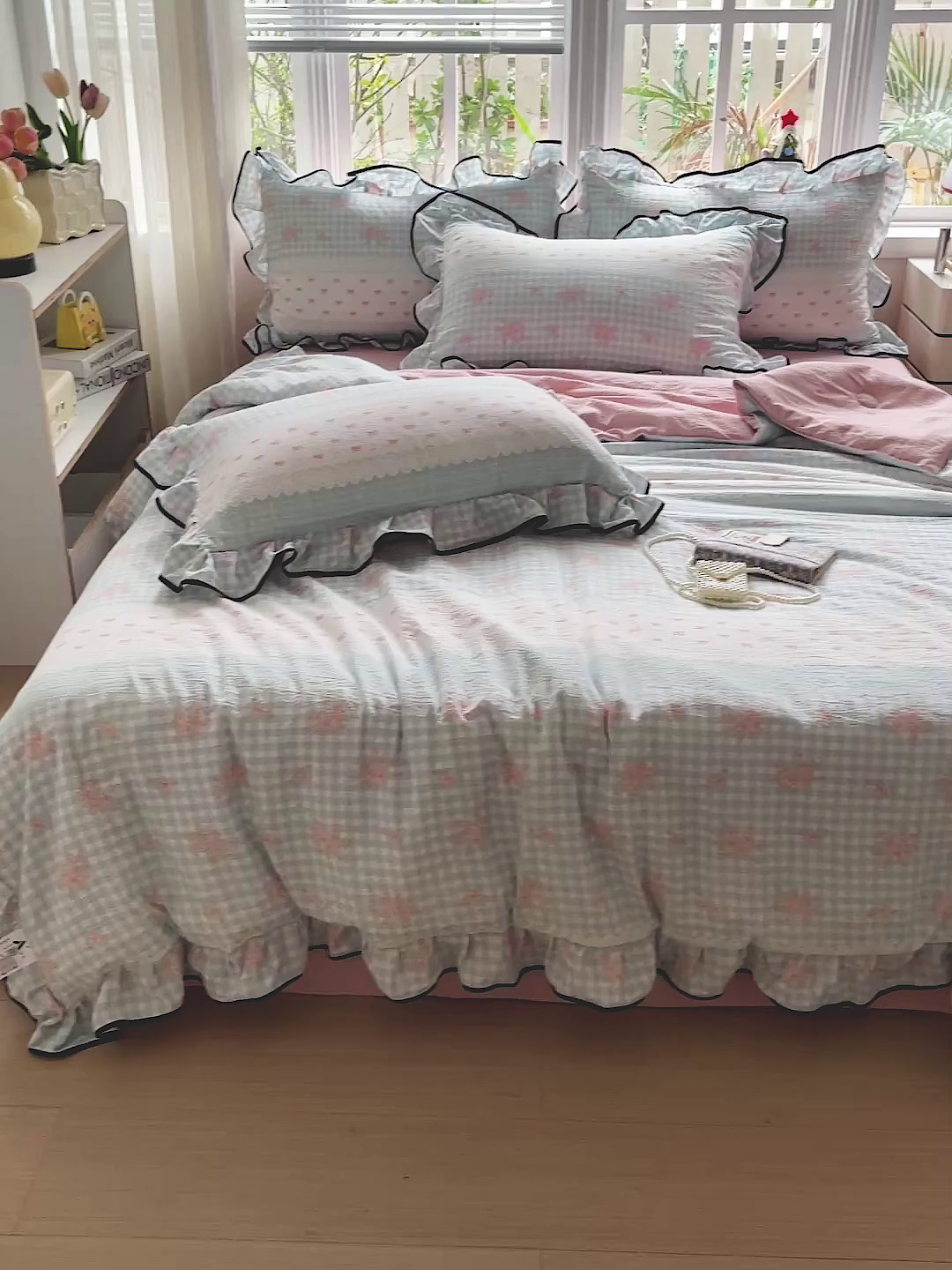 91家纺网 家纺一手货源 找家纺 暖芯优选 2025（优选）新款皱皱双层纱荷叶大花边夏被空调被夏凉被三件套 浮生若梦