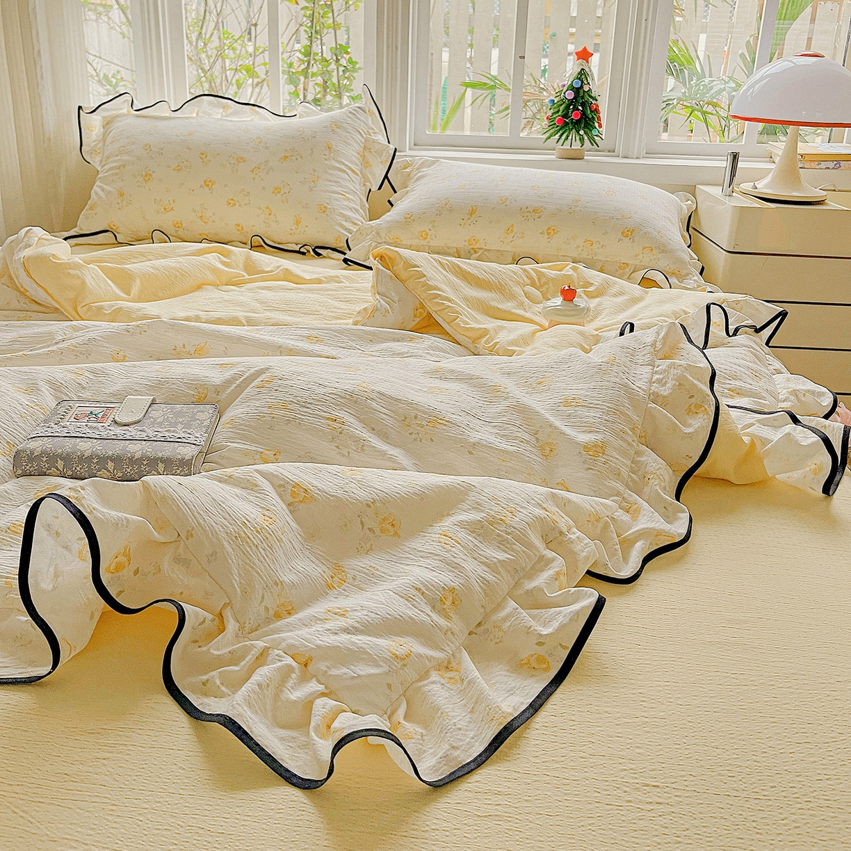 91家纺网 家纺一手货源 找家纺 暖芯优选 2025（优选）新款皱皱双层纱荷叶大花边夏被空调被夏凉被三件套 橘子海