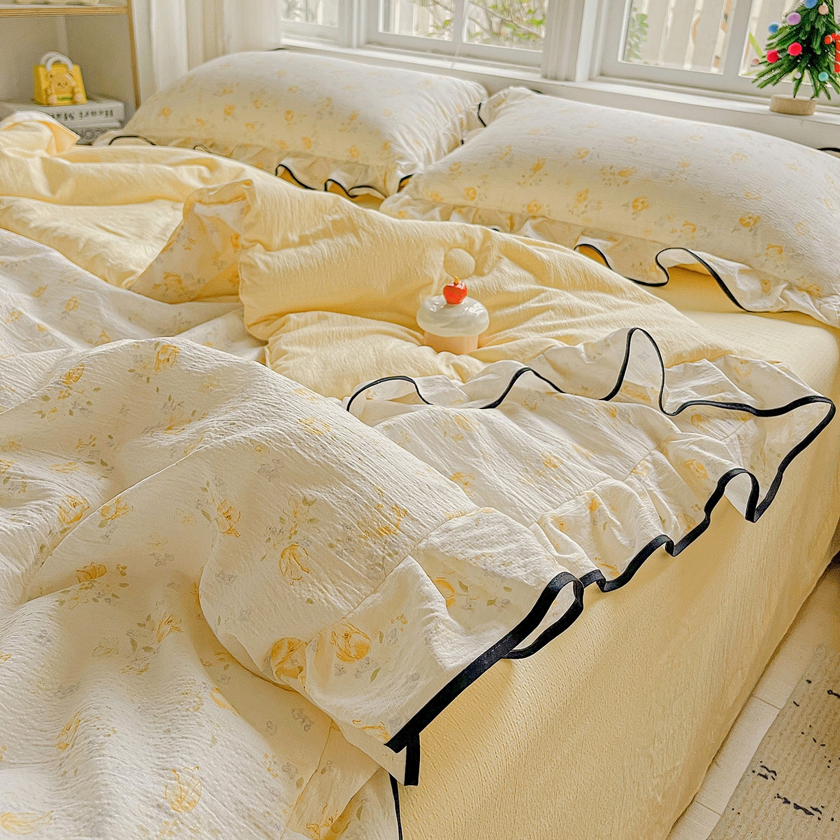 91家纺网 家纺一手货源 找家纺 暖芯优选 2025（优选）新款皱皱双层纱荷叶大花边夏被空调被夏凉被三件套 橘子海