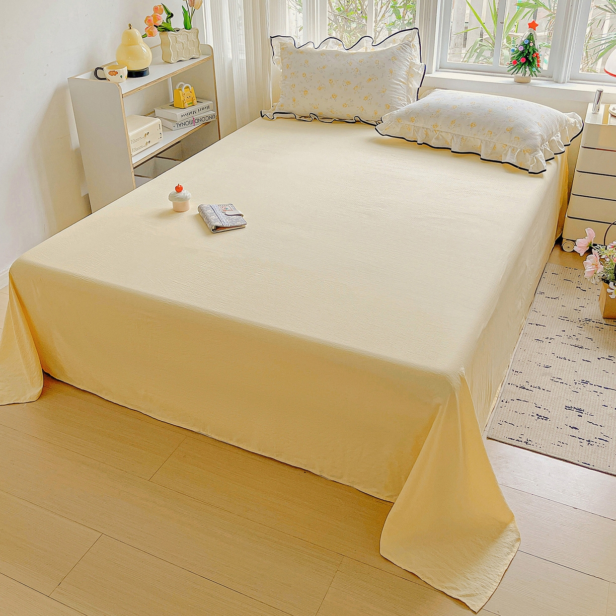 91家纺网 家纺一手货源 找家纺 暖芯优选 2025（优选）新款皱皱双层纱荷叶大花边夏被空调被夏凉被三件套 橘子海