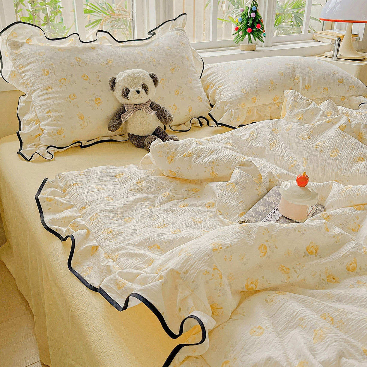 91家纺网 家纺一手货源 找家纺 暖芯优选 2025（优选）新款皱皱双层纱荷叶大花边夏被空调被夏凉被三件套 橘子海