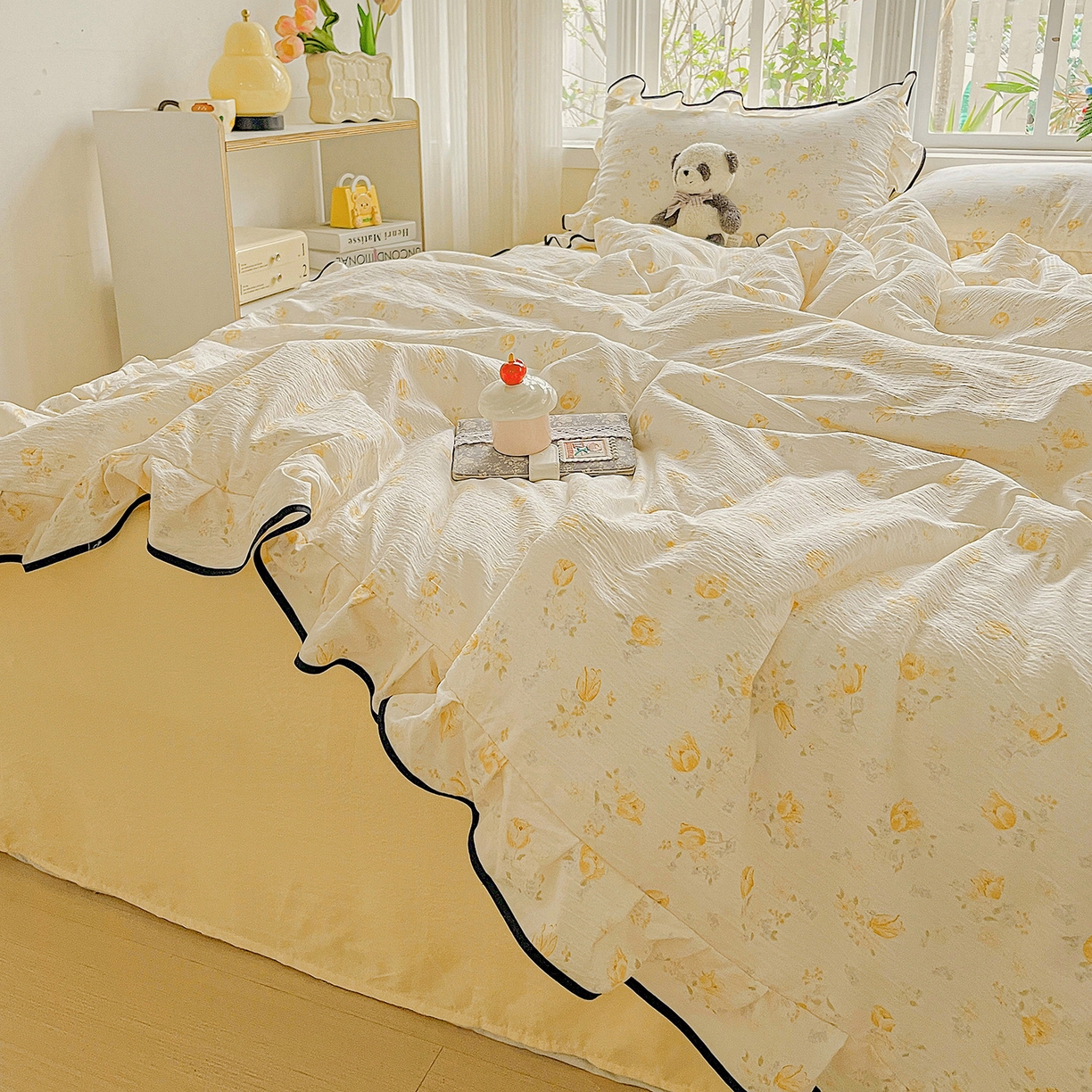 91家纺网 家纺一手货源 找家纺 暖芯优选 2025（优选）新款皱皱双层纱荷叶大花边夏被空调被夏凉被三件套 橘子海