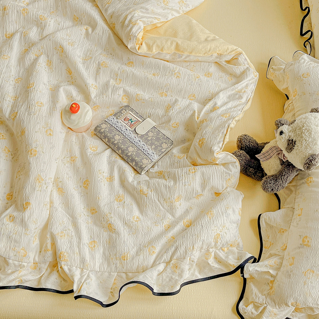 91家纺网 家纺一手货源 找家纺 暖芯优选 2025（优选）新款皱皱双层纱荷叶大花边夏被空调被夏凉被三件套 橘子海