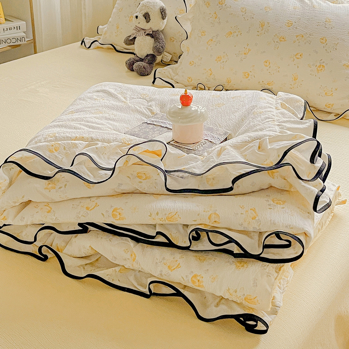 91家纺网 家纺一手货源 找家纺 暖芯优选 2025（优选）新款皱皱双层纱荷叶大花边夏被空调被夏凉被三件套 橘子海