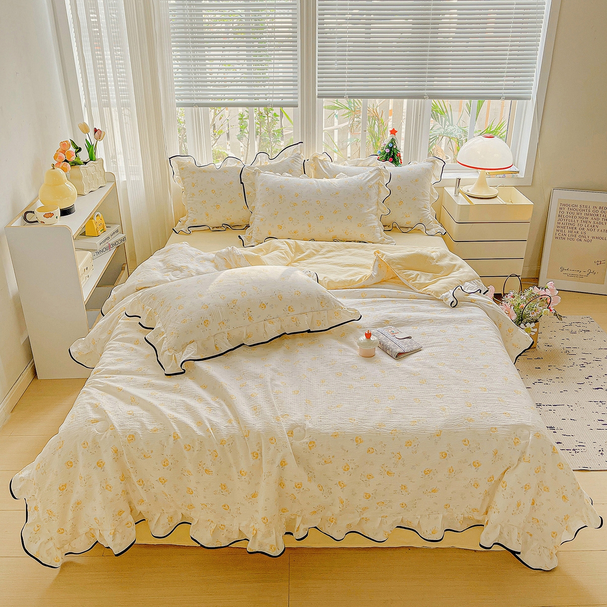 91家纺网 家纺一手货源 找家纺 暖芯优选 2025（优选）新款皱皱双层纱荷叶大花边夏被空调被夏凉被三件套 橘子海