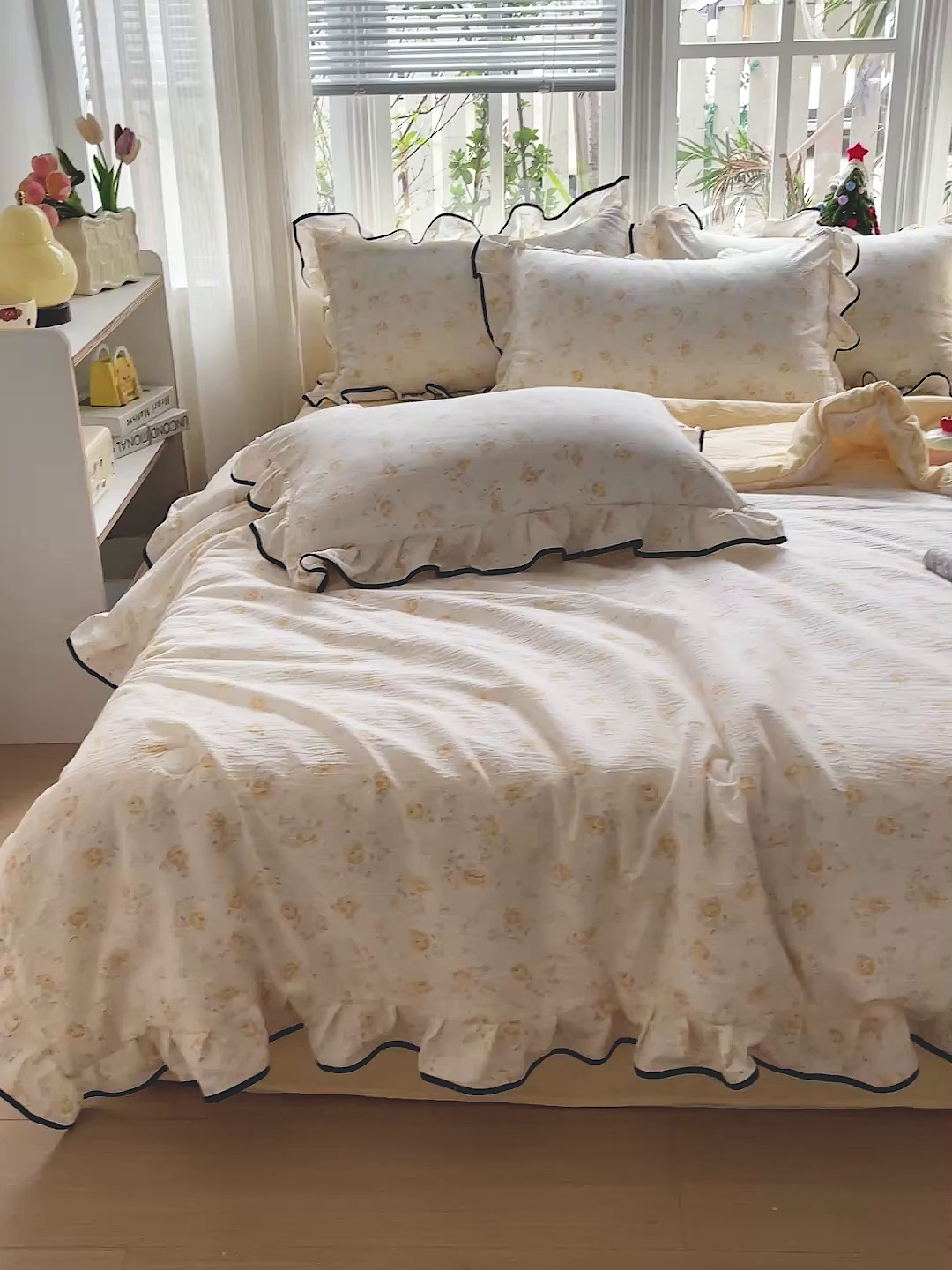 91家纺网 家纺一手货源 找家纺 暖芯优选 2025（优选）新款皱皱双层纱荷叶大花边夏被空调被夏凉被三件套 橘子海