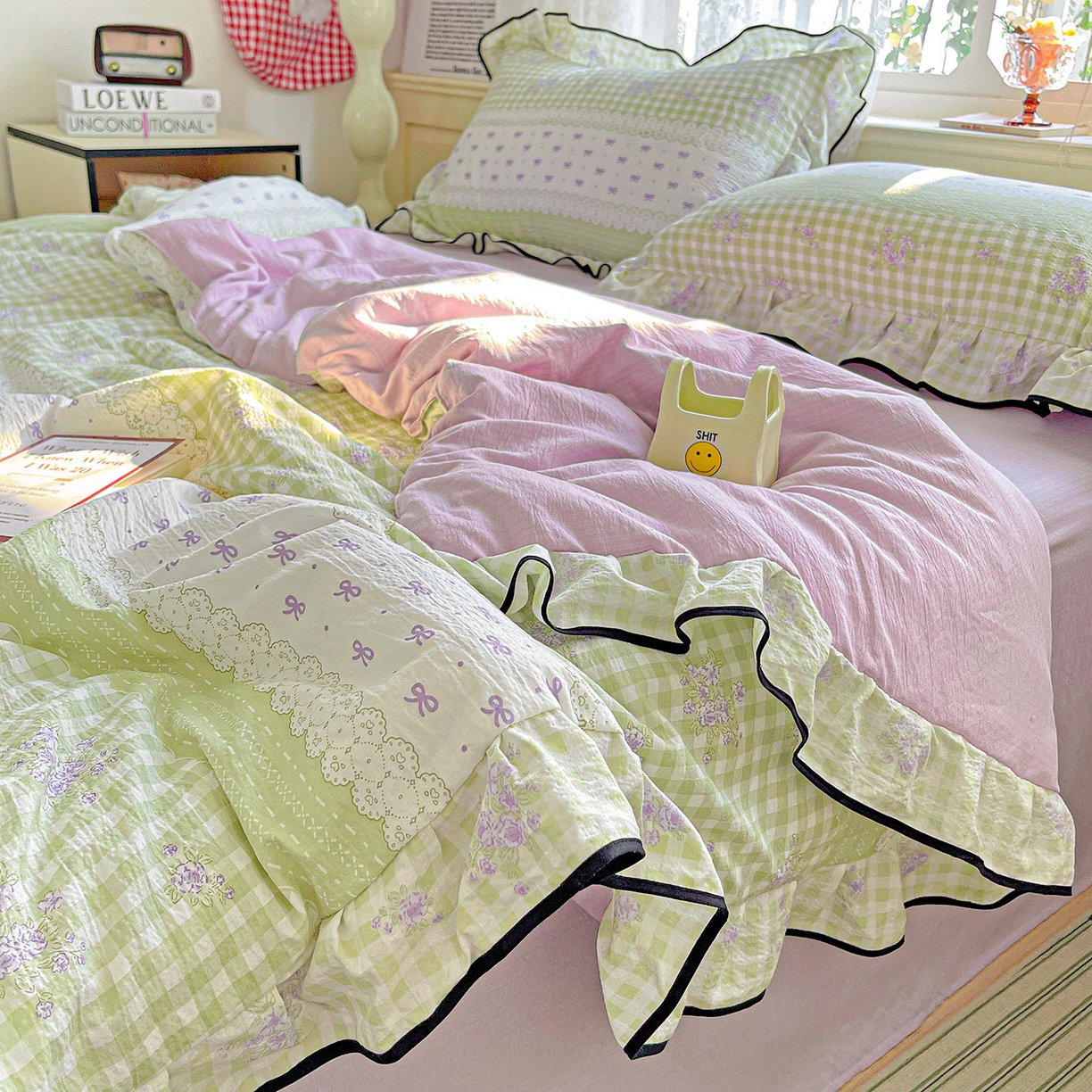 91家纺网 家纺一手货源 找家纺 暖芯优选 2025（优选）新款皱皱双层纱荷叶大花边夏被空调被夏凉被三件套 清雅花韵