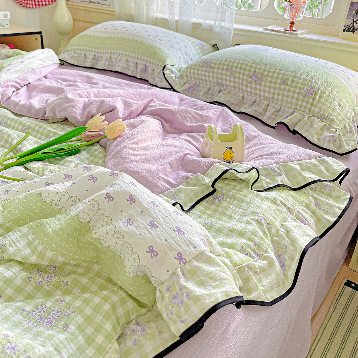 91家纺网 家纺一手货源 找家纺 暖芯优选 2025（优选）新款皱皱双层纱荷叶大花边夏被空调被夏凉被三件套 清雅花韵