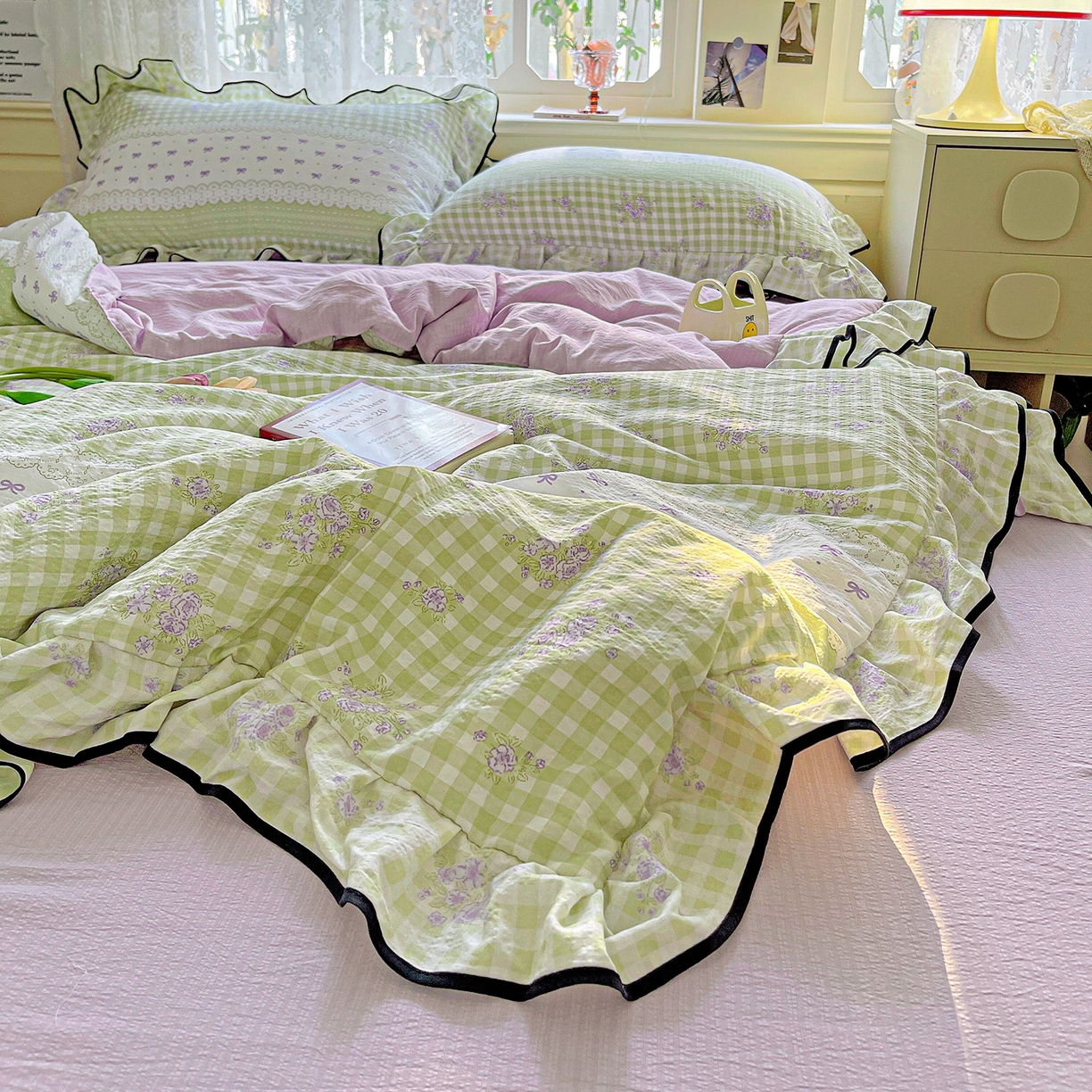 91家纺网 家纺一手货源 找家纺 暖芯优选 2025（优选）新款皱皱双层纱荷叶大花边夏被空调被夏凉被三件套 清雅花韵