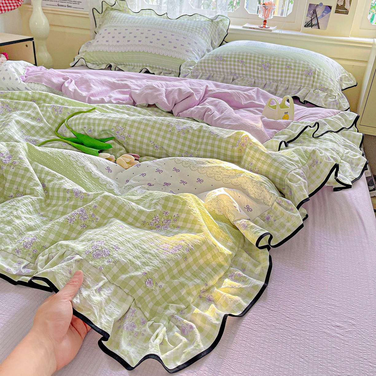 91家纺网 家纺一手货源 找家纺 暖芯优选 2025（优选）新款皱皱双层纱荷叶大花边夏被空调被夏凉被三件套 清雅花韵