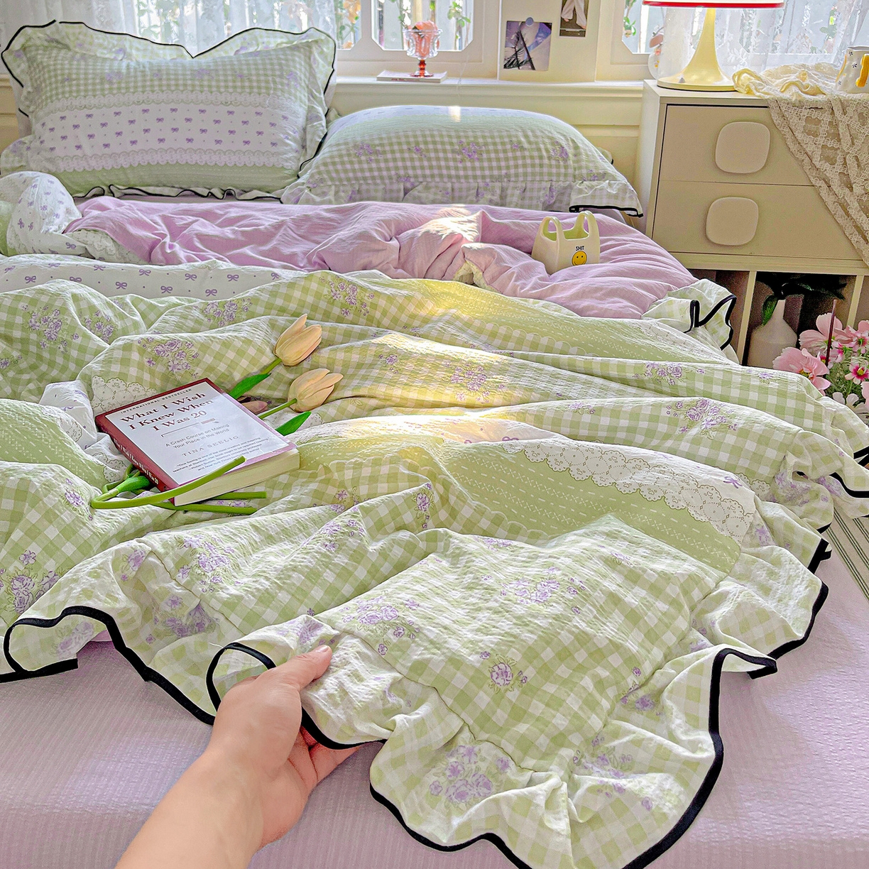 91家纺网 家纺一手货源 找家纺 暖芯优选 2025（优选）新款皱皱双层纱荷叶大花边夏被空调被夏凉被三件套 清雅花韵