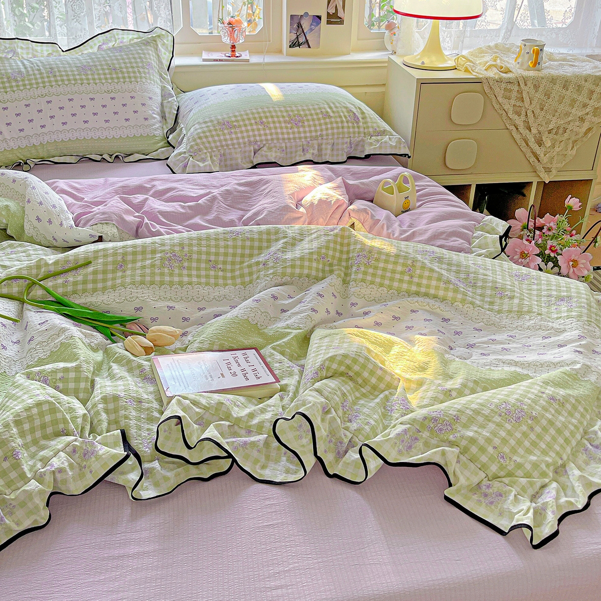 91家纺网 家纺一手货源 找家纺 暖芯优选 2025（优选）新款皱皱双层纱荷叶大花边夏被空调被夏凉被三件套 清雅花韵