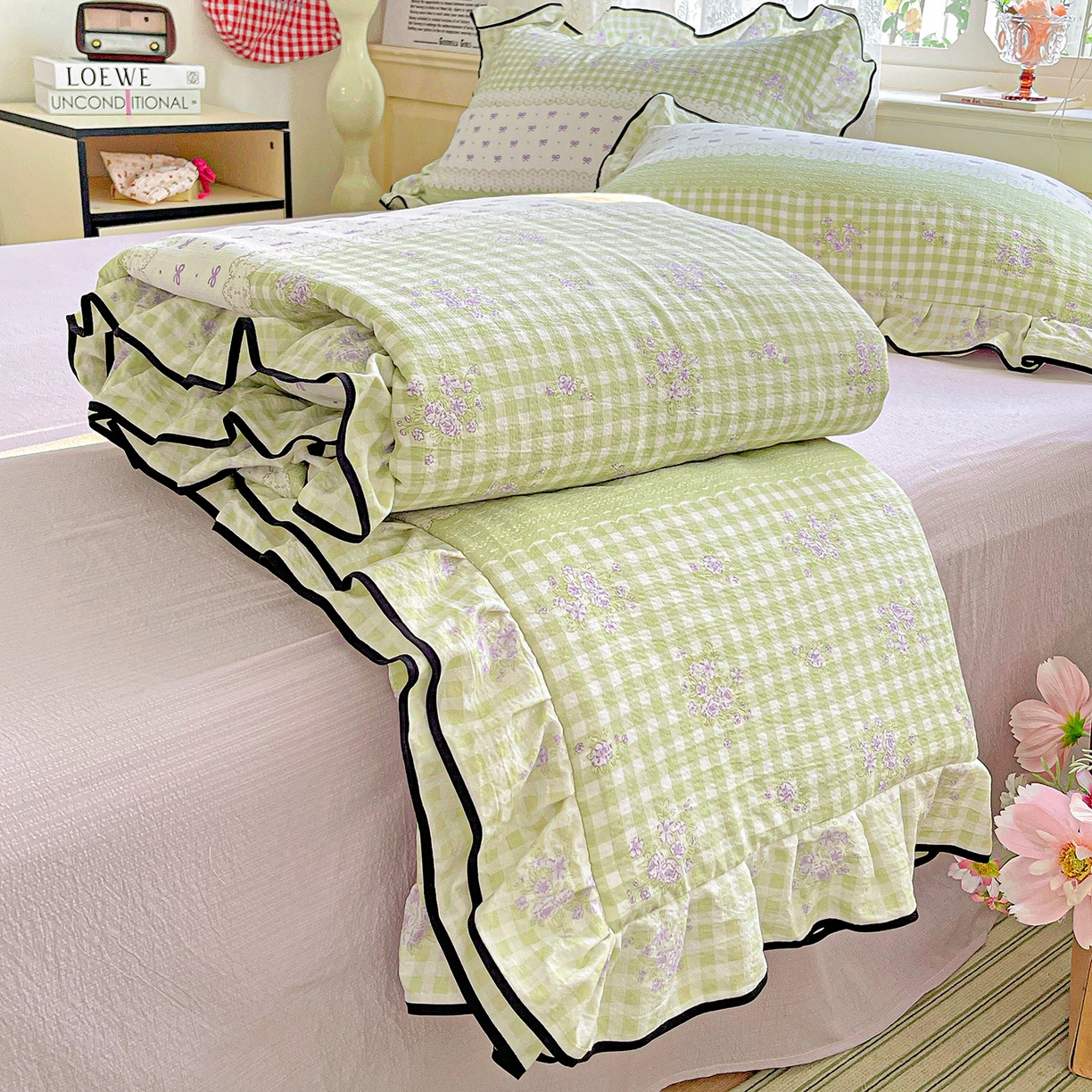 91家纺网 家纺一手货源 找家纺 暖芯优选 2025（优选）新款皱皱双层纱荷叶大花边夏被空调被夏凉被三件套 清雅花韵