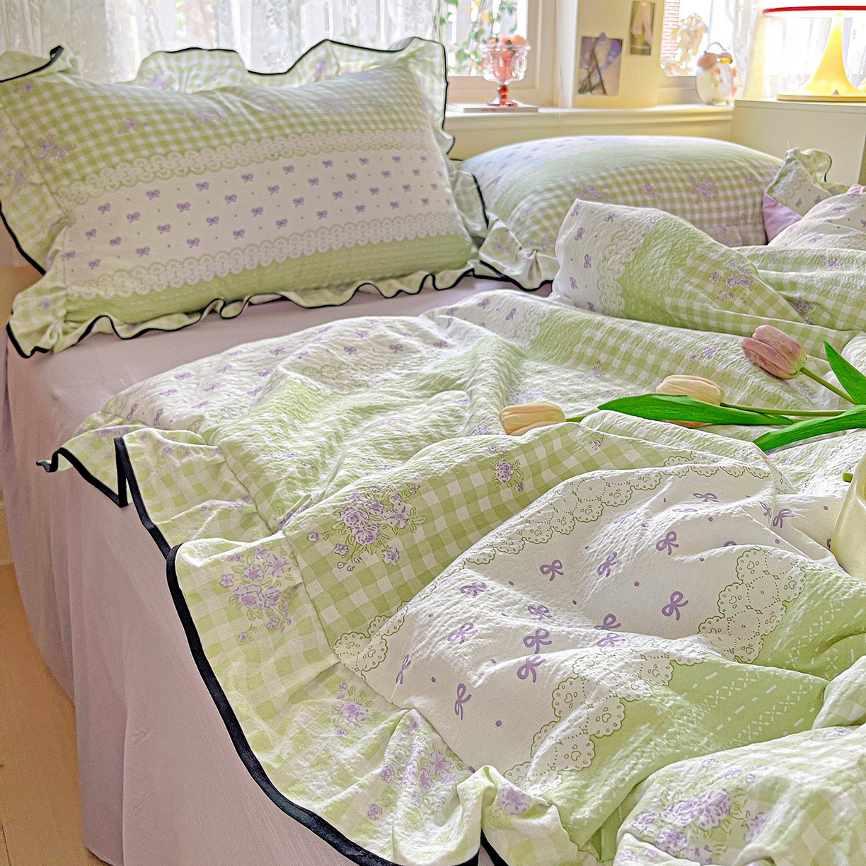 91家纺网 家纺一手货源 找家纺 暖芯优选 2025（优选）新款皱皱双层纱荷叶大花边夏被空调被夏凉被三件套 清雅花韵