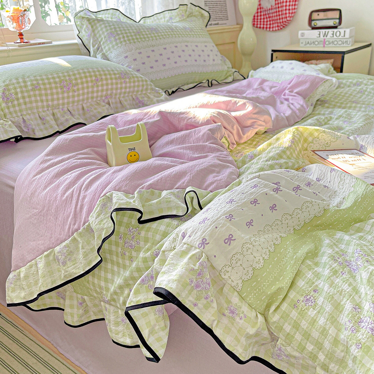 91家纺网 家纺一手货源 找家纺 暖芯优选 2025（优选）新款皱皱双层纱荷叶大花边夏被空调被夏凉被三件套 清雅花韵