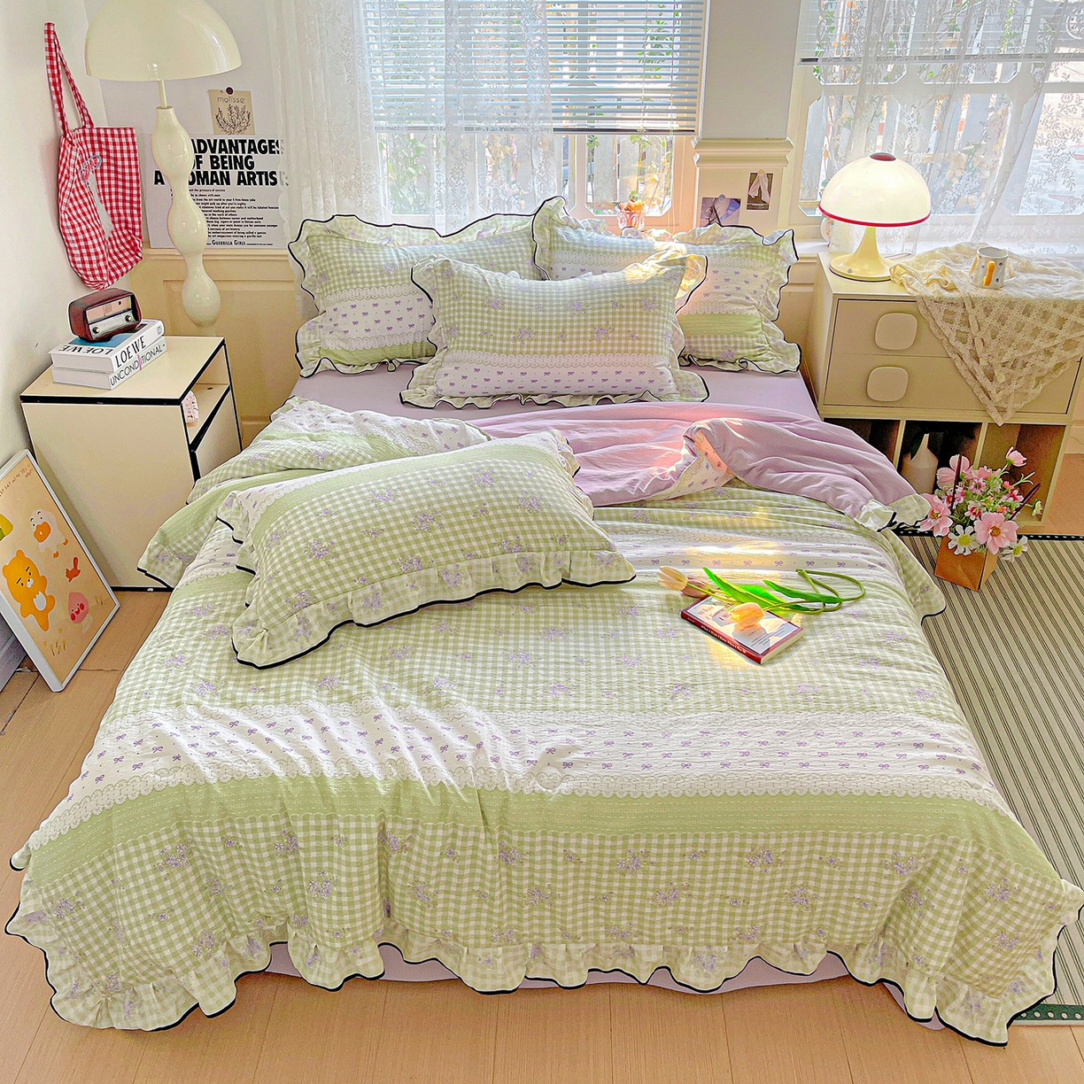 91家纺网 家纺一手货源 找家纺 暖芯优选 2025（优选）新款皱皱双层纱荷叶大花边夏被空调被夏凉被三件套 清雅花韵