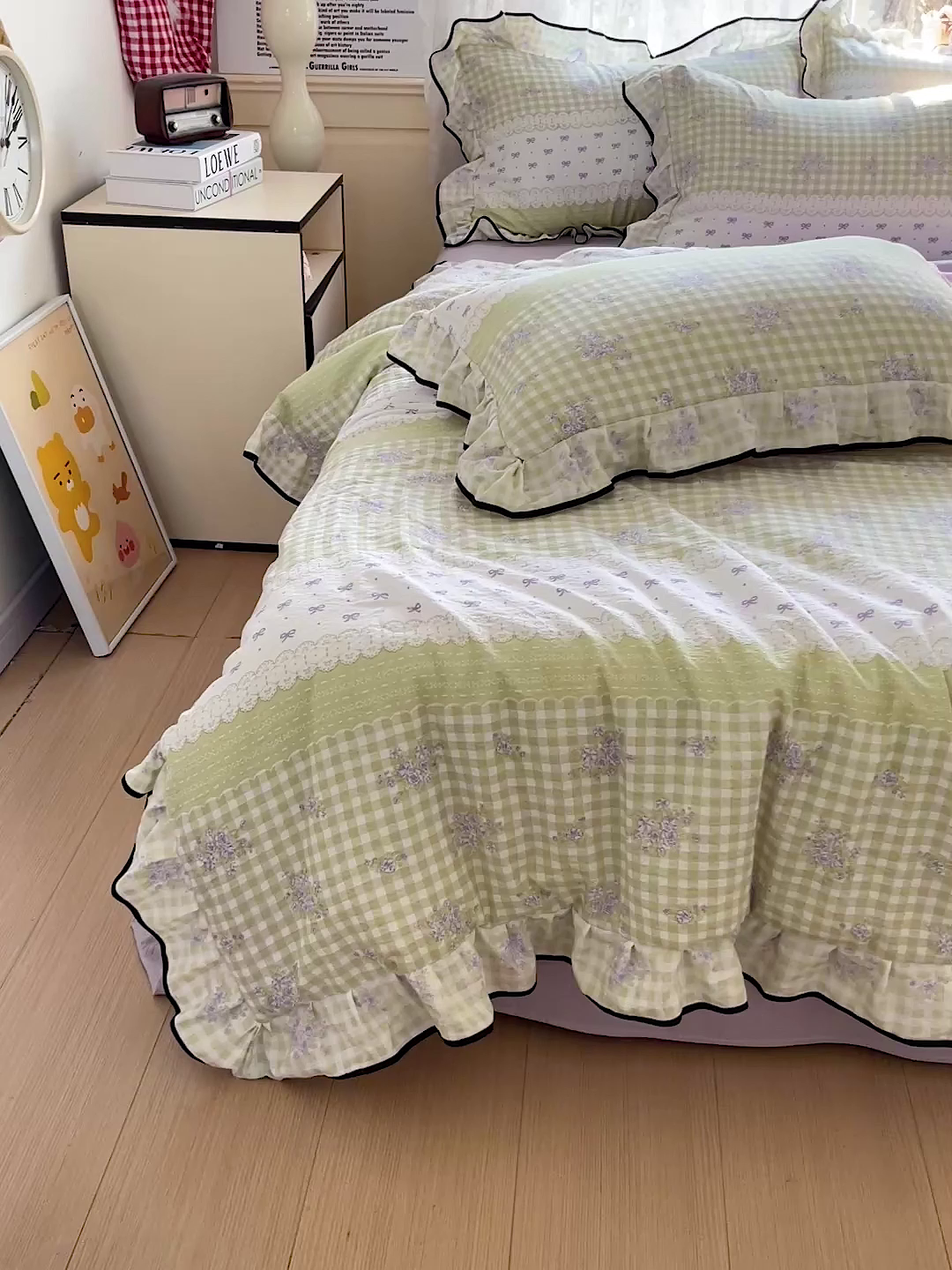 91家纺网 家纺一手货源 找家纺 暖芯优选 2025（优选）新款皱皱双层纱荷叶大花边夏被空调被夏凉被三件套 清雅花韵