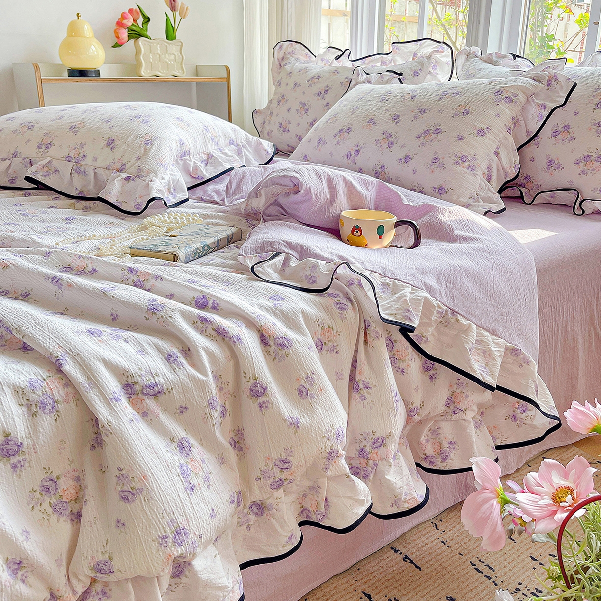 暖芯优选 2025（优选）新款皱皱双层纱荷叶大花边夏被空调被夏凉被三件套 紫薇花园