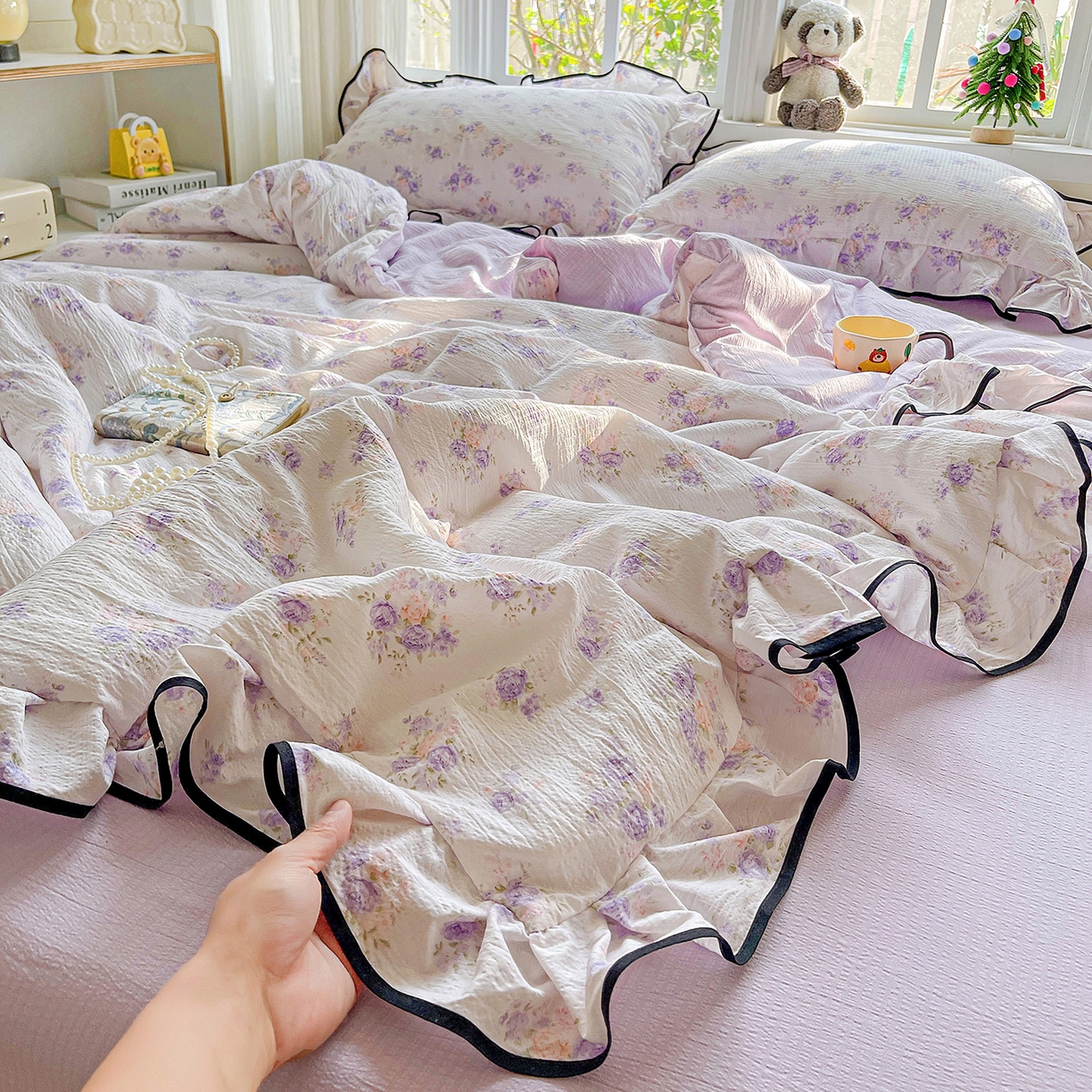 91家纺网 家纺一手货源 找家纺 暖芯优选 2025（优选）新款皱皱双层纱荷叶大花边夏被空调被夏凉被三件套 紫薇花园