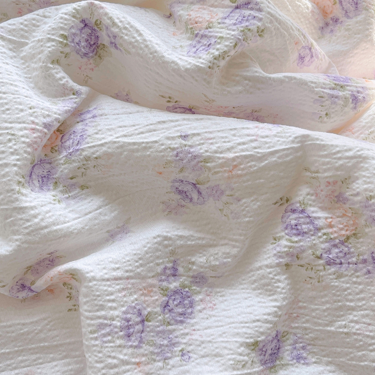 91家纺网 家纺一手货源 找家纺 暖芯优选 2025（优选）新款皱皱双层纱荷叶大花边夏被空调被夏凉被三件套 紫薇花园