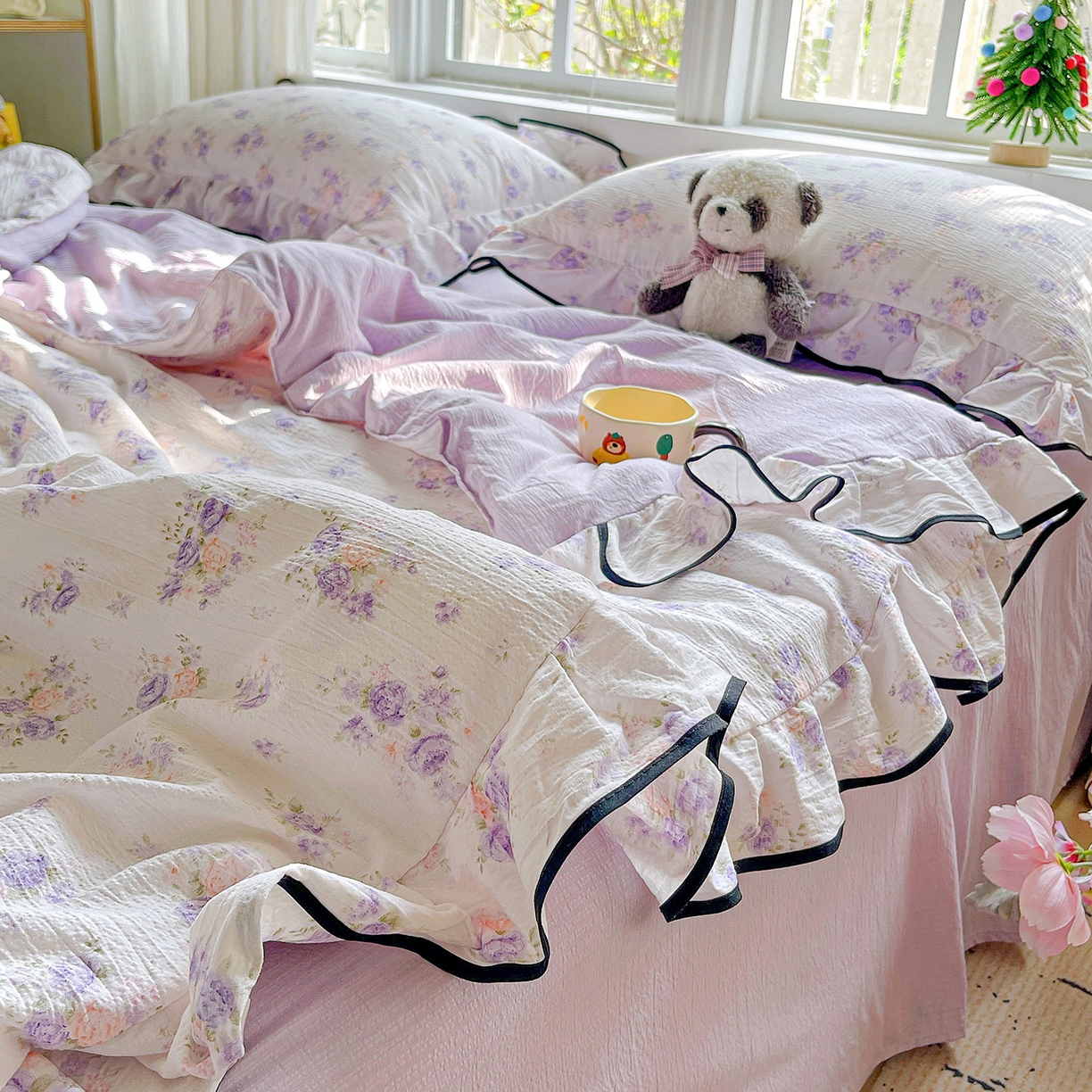 91家纺网 家纺一手货源 找家纺 暖芯优选 2025（优选）新款皱皱双层纱荷叶大花边夏被空调被夏凉被三件套 紫薇花园