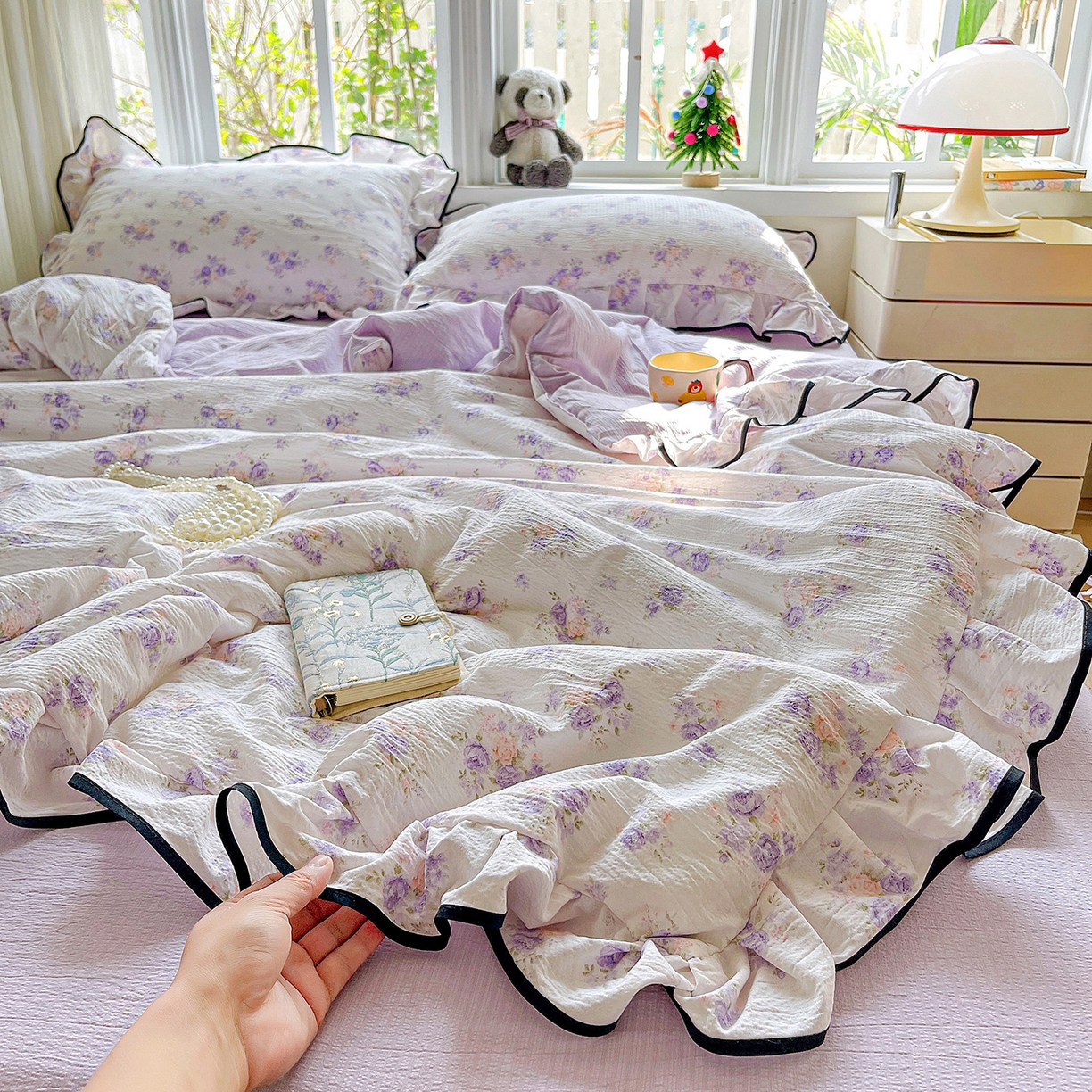 91家纺网 家纺一手货源 找家纺 暖芯优选 2025（优选）新款皱皱双层纱荷叶大花边夏被空调被夏凉被三件套 紫薇花园