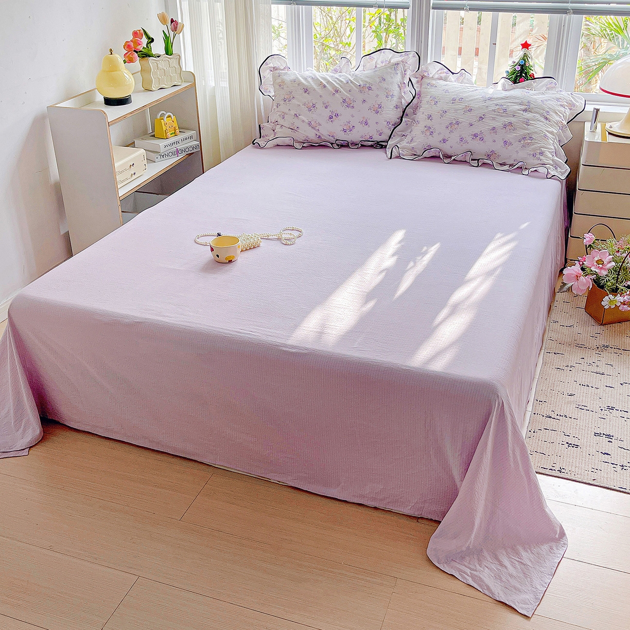 91家纺网 家纺一手货源 找家纺 暖芯优选 2025（优选）新款皱皱双层纱荷叶大花边夏被空调被夏凉被三件套 紫薇花园