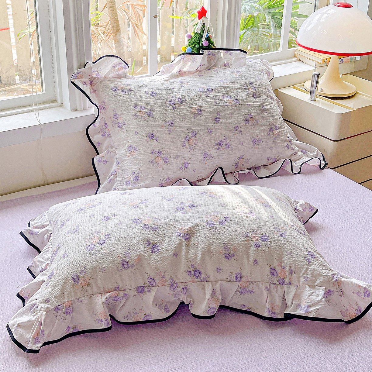 91家纺网 家纺一手货源 找家纺 暖芯优选 2025（优选）新款皱皱双层纱荷叶大花边夏被空调被夏凉被三件套 紫薇花园