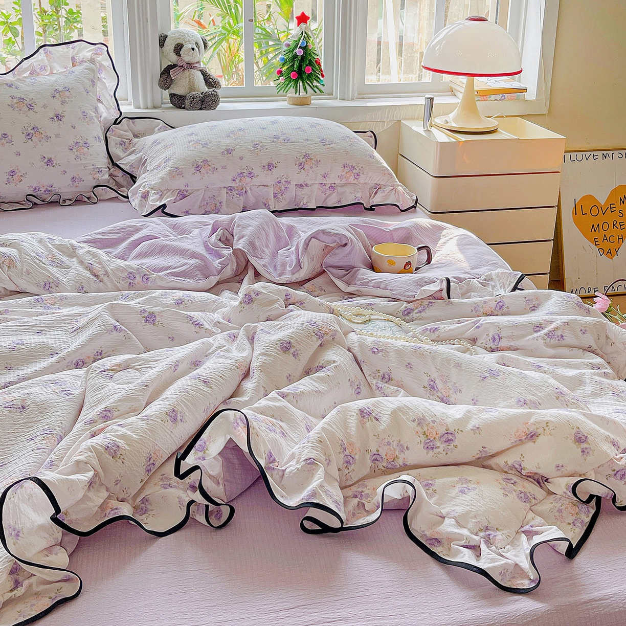 91家纺网 家纺一手货源 找家纺 暖芯优选 2025（优选）新款皱皱双层纱荷叶大花边夏被空调被夏凉被三件套 紫薇花园
