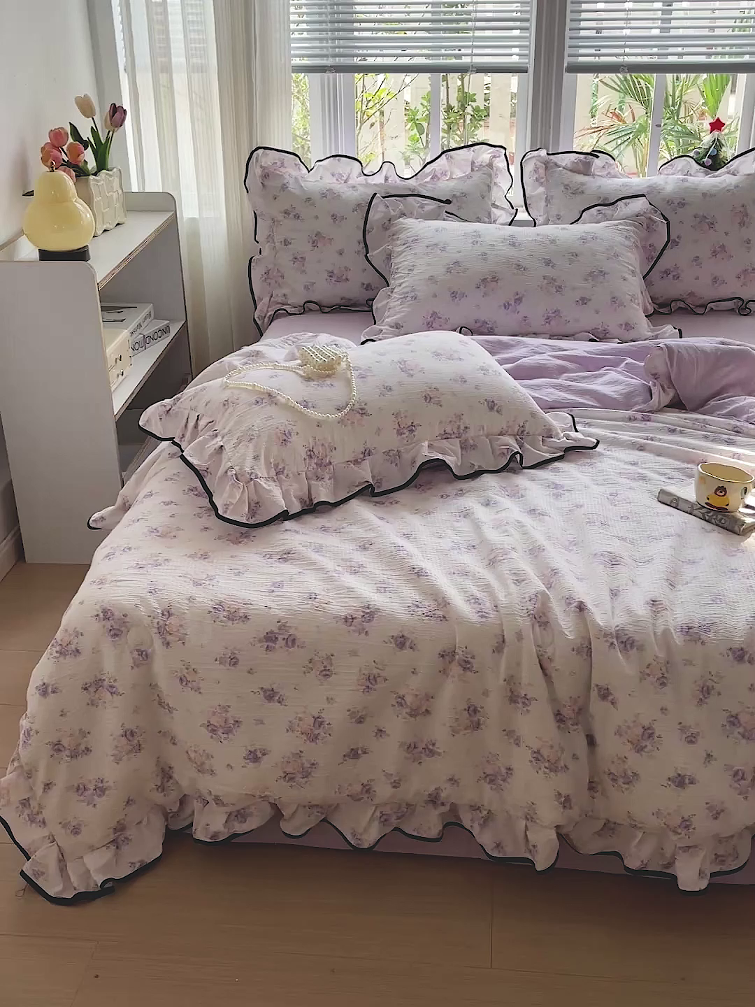 91家纺网 家纺一手货源 找家纺 暖芯优选 2025（优选）新款皱皱双层纱荷叶大花边夏被空调被夏凉被三件套 紫薇花园