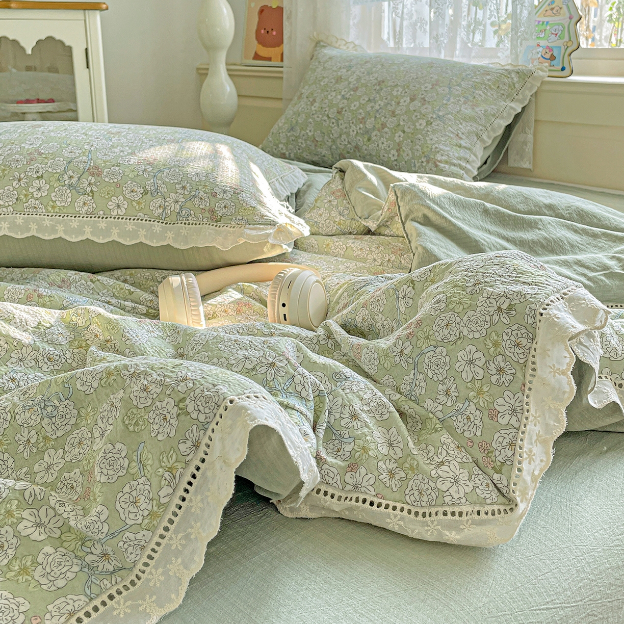 91家纺网 家纺一手货源 找家纺 （总）暖芯优选 2025新款皱皱双层纱全棉花边夏被夏凉被空调被三件套