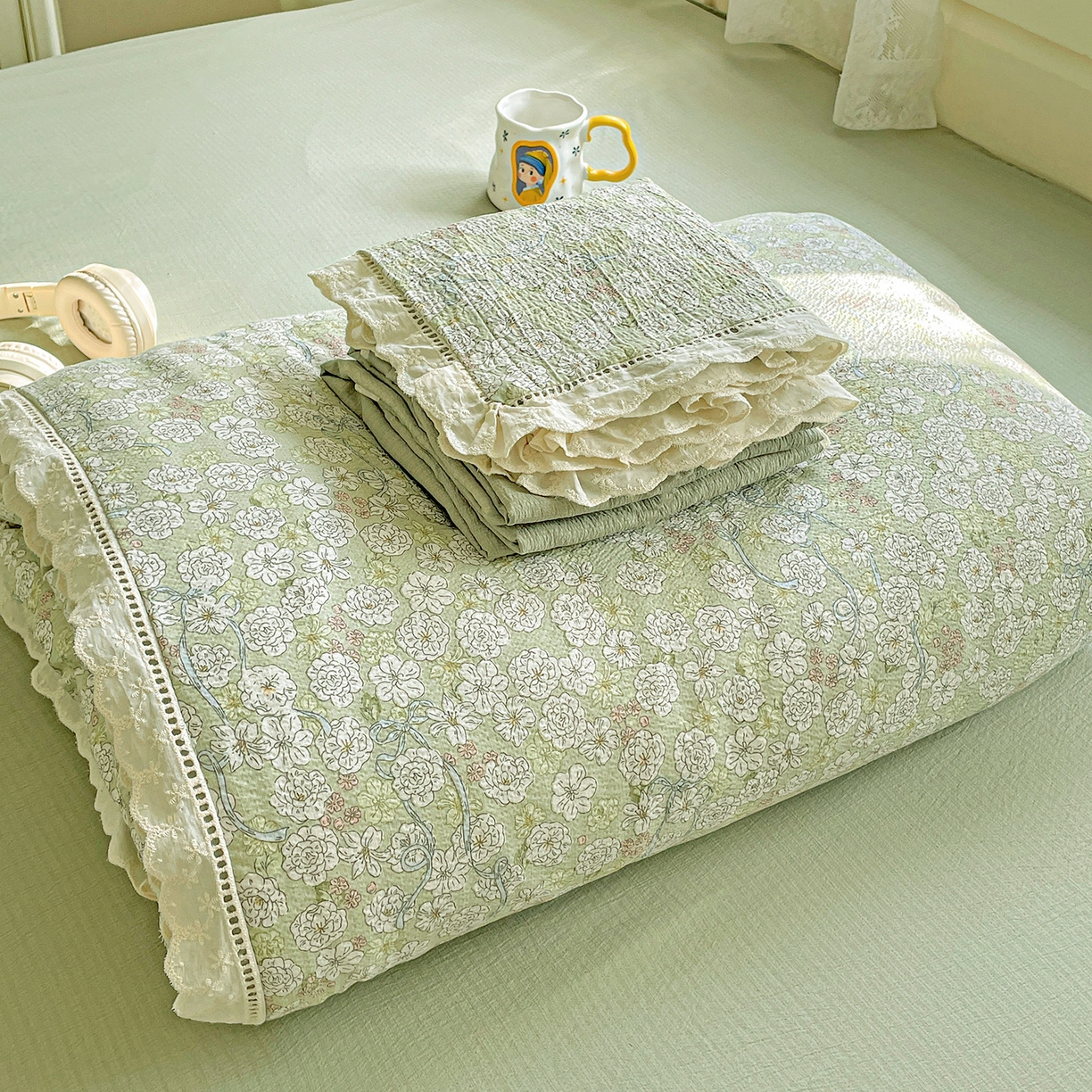 91家纺网 家纺一手货源 找家纺 （总）暖芯优选 2025新款皱皱双层纱全棉花边夏被夏凉被空调被三件套