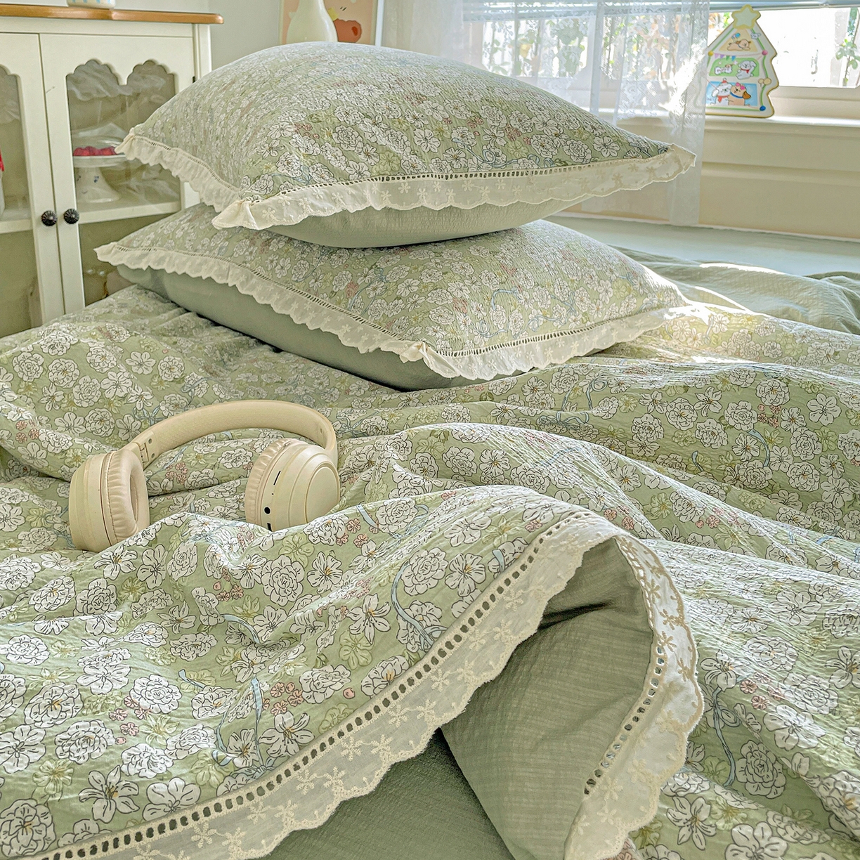 91家纺网 家纺一手货源 找家纺 （总）暖芯优选 2025新款皱皱双层纱全棉花边夏被夏凉被空调被三件套