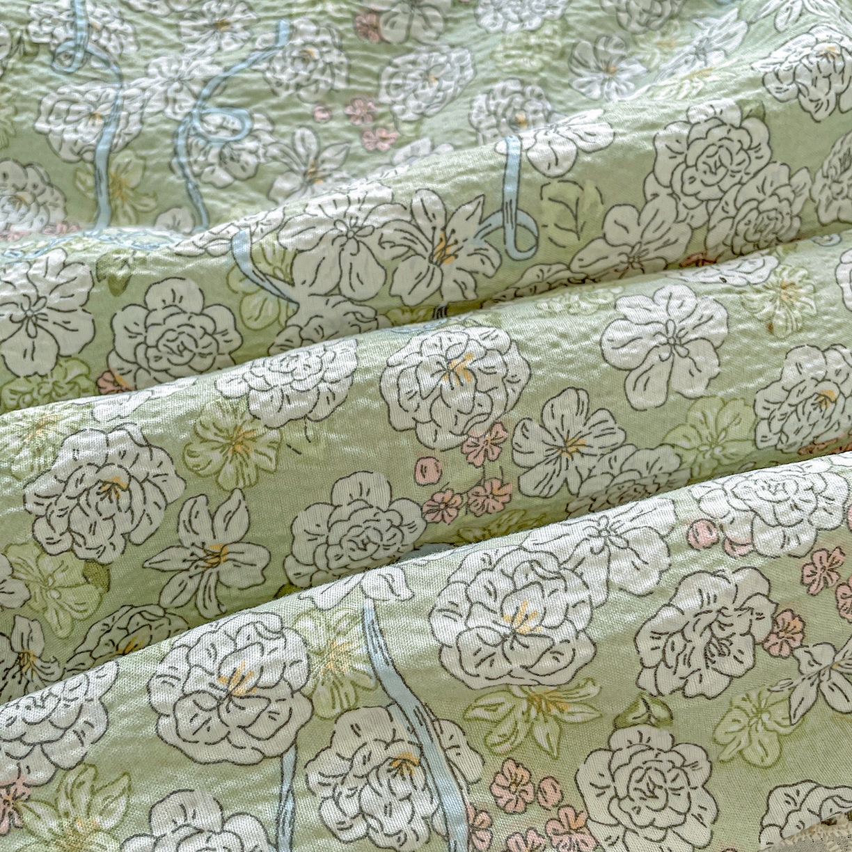 91家纺网 家纺一手货源 找家纺 （总）暖芯优选 2025新款皱皱双层纱全棉花边夏被夏凉被空调被三件套