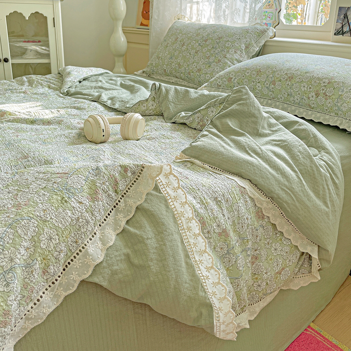 91家纺网 家纺一手货源 找家纺 （总）暖芯优选 2025新款皱皱双层纱全棉花边夏被夏凉被空调被三件套